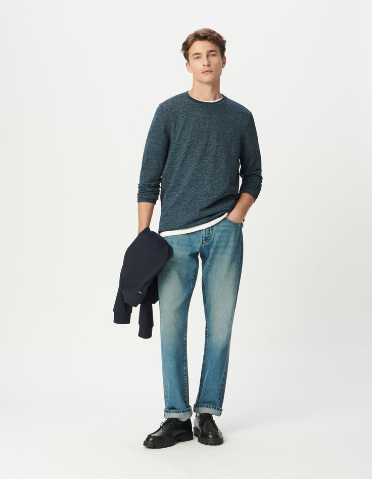 Pull bleu tricot mouliné Homme-1