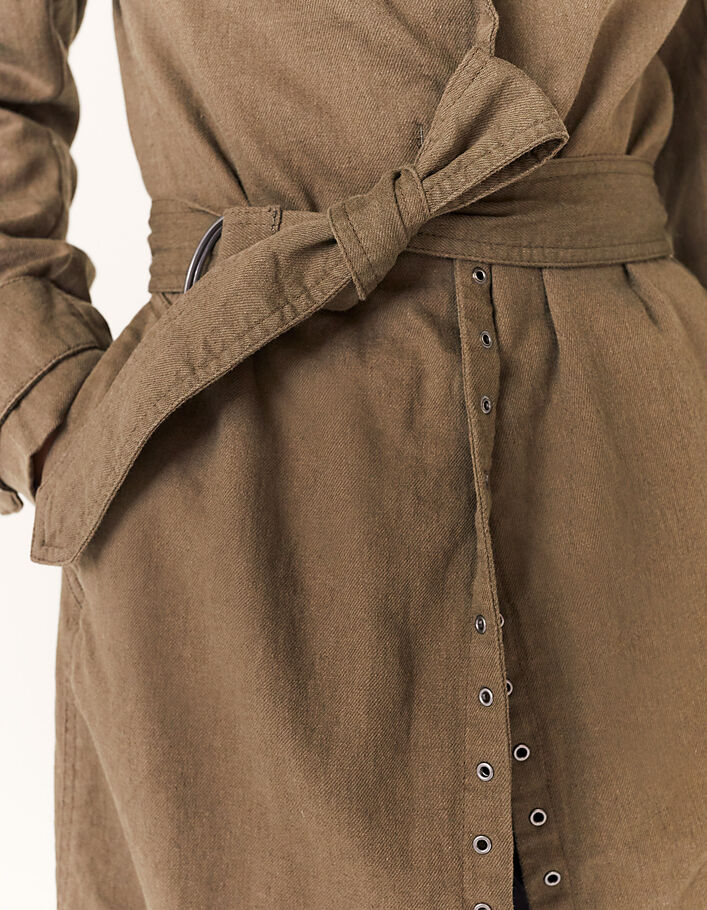 Langer, khaki Damentrenchcoat aus Leinen mit Ösen - IKKS