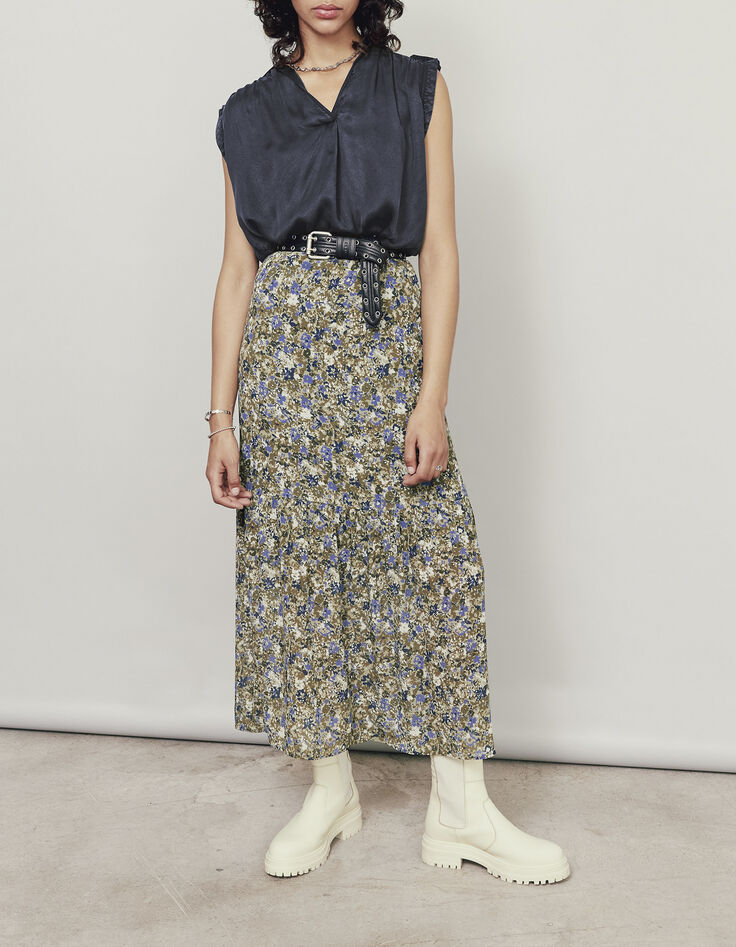 Marineblauwe top in cupro acid wash behandeling dames-5