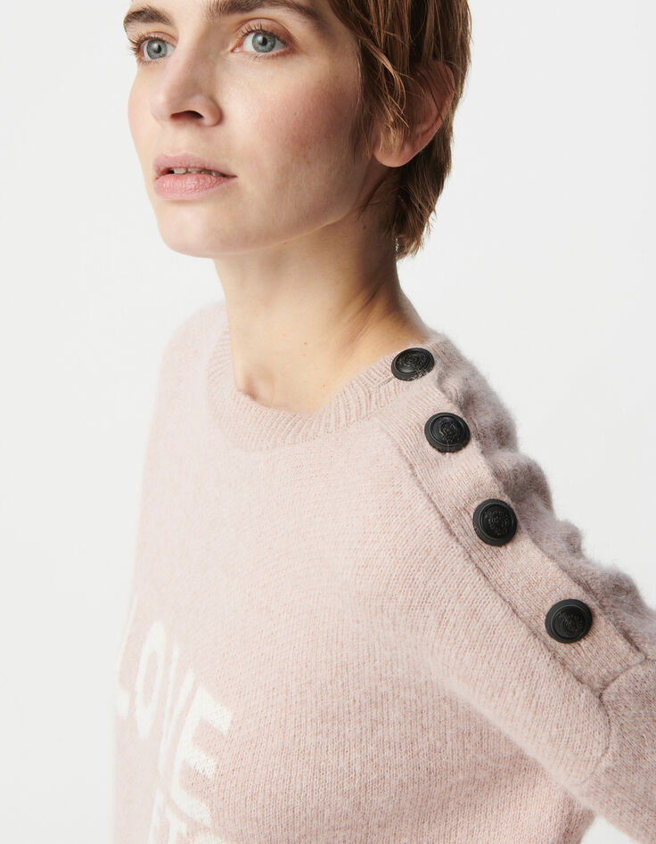 Rosafarbener Jacquard-Pullover aus Alpakamischung für Damen mit Botschaft und Knöpfen-4