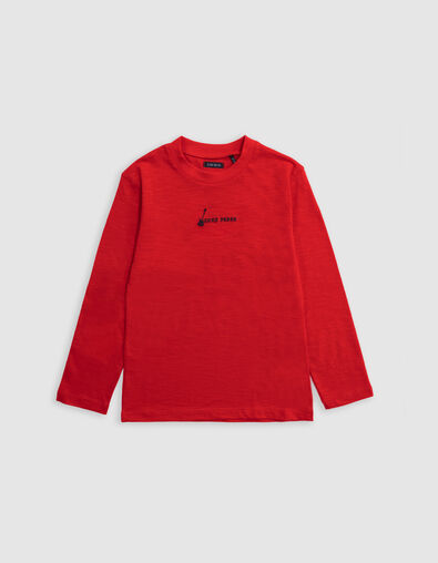 Boy's red organic cotton T-shirt with embroidery and face - IKKS