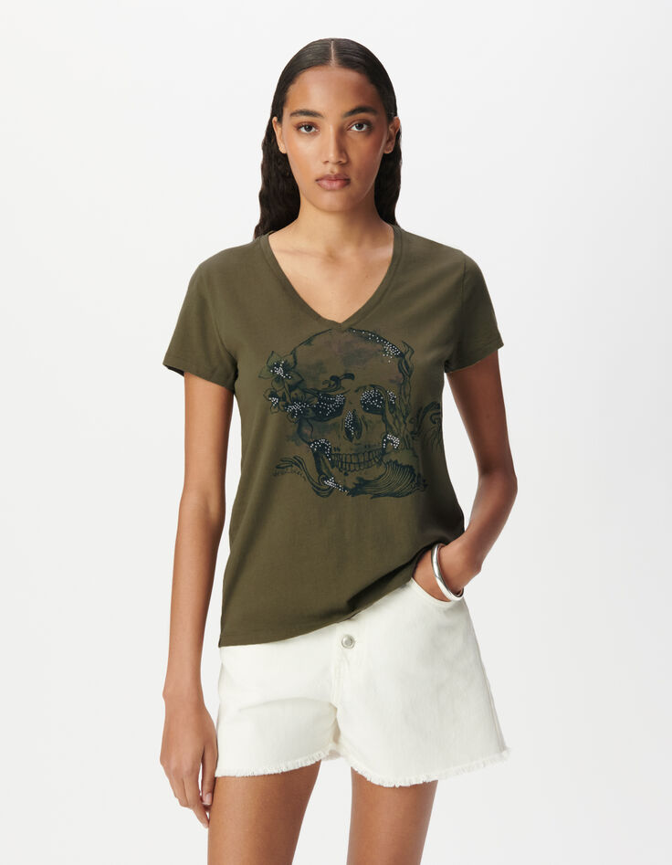Camiseta cuello V caqui calavera-2