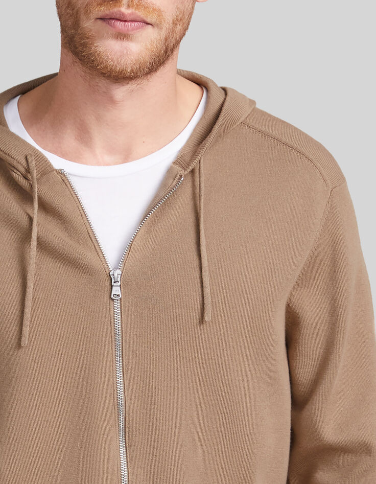 Beige Herrenstrickjacke mit Rei&szlig;verschluss und Kapuze-4