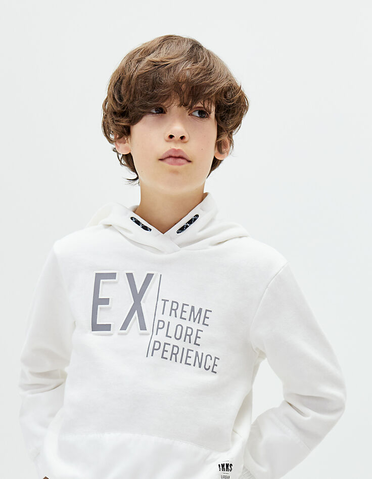 Sweat blanc bi matière à capuche garçon -1
