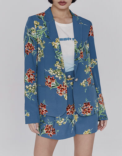 Smaragdgr&uuml;ner Damenchiffonblazer mit Blumenstrau&szlig;-Print - IKKS