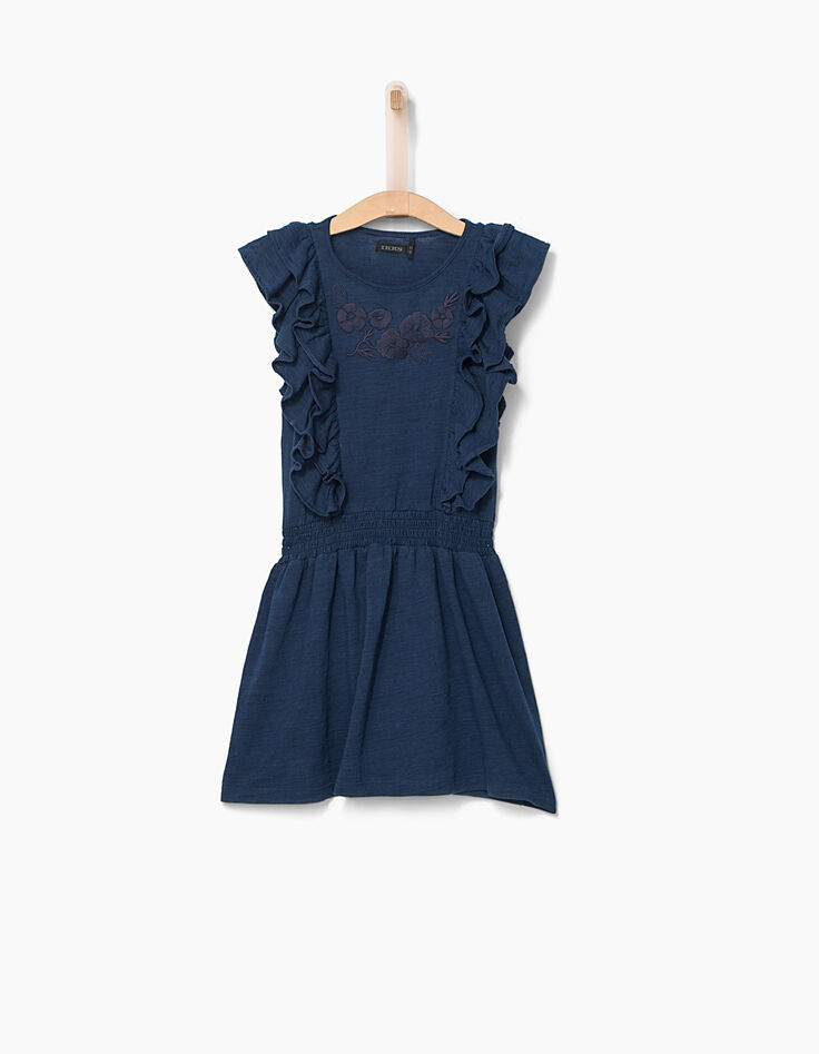 Robe indigo brodée fleurs à smocks fille-3