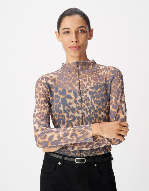 Braunes Netz-T-Shirt f&uuml;r Frauen mit Leopardenmuster - IKKS