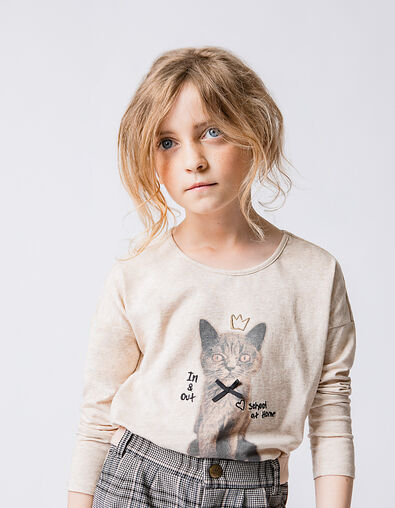Gemêleerde zandkleur T-shirt kat #bowiethehappycat meisjes - IKKS