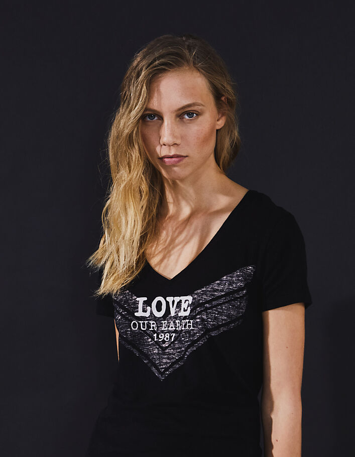 Tee-shirt col V noir en coton visuel chevron femme - IKKS