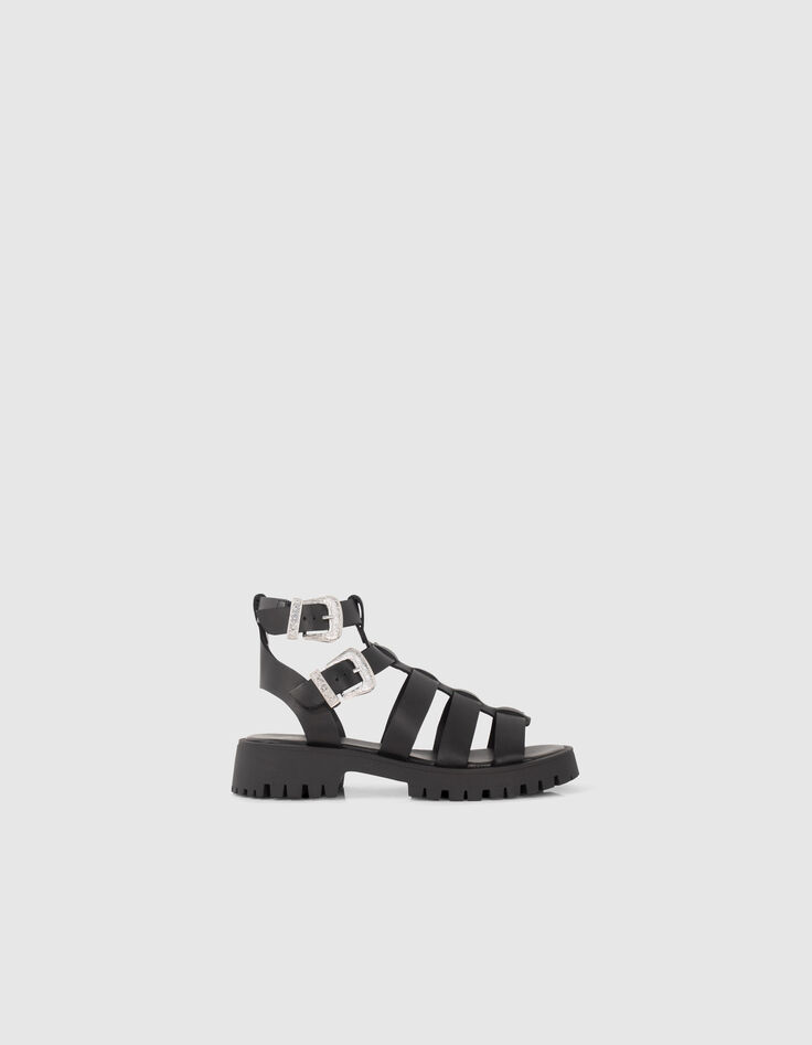 Schwarze Damenledersandalen mit Riemchen und Profilsohle-1