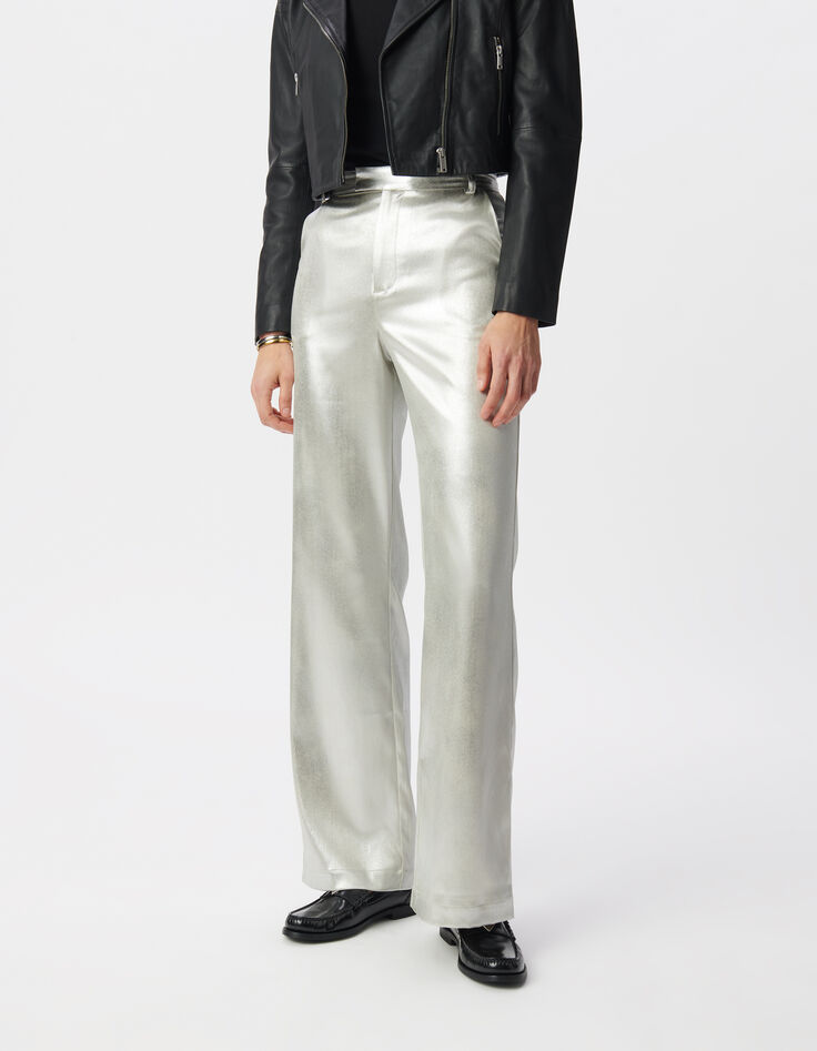 Pantalones de traje acampanados con revestimiento plata para Mujer-2