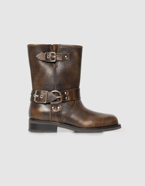 Braune Damenbikerstiefeletten Veloursleder 3 Schnallen - IKKS