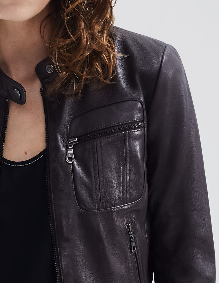 Women’s chocolate leather jacket with zipped pockets-3