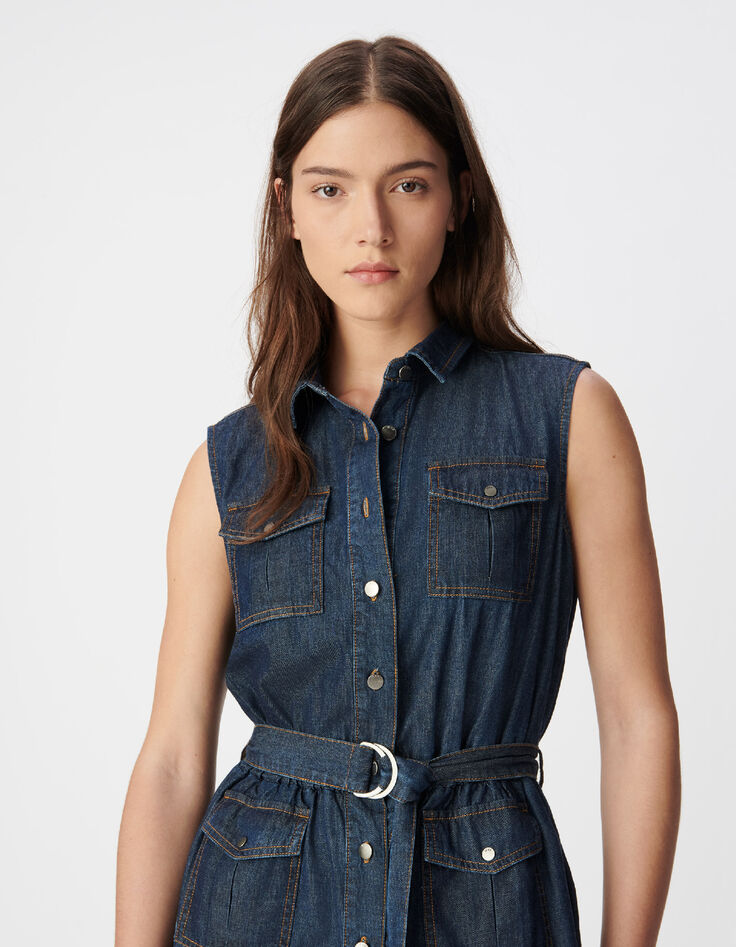 Mujer maxi vestido abotonado de denim crudo-4