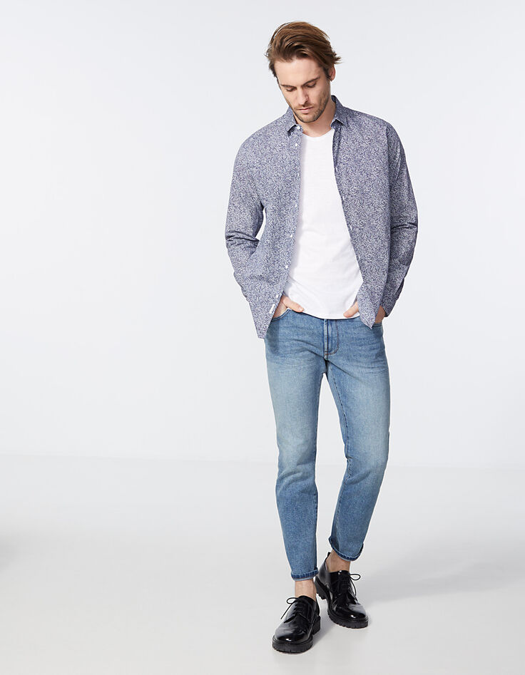 Indigo SLIM overhemd stippen-bladprint heren-6
