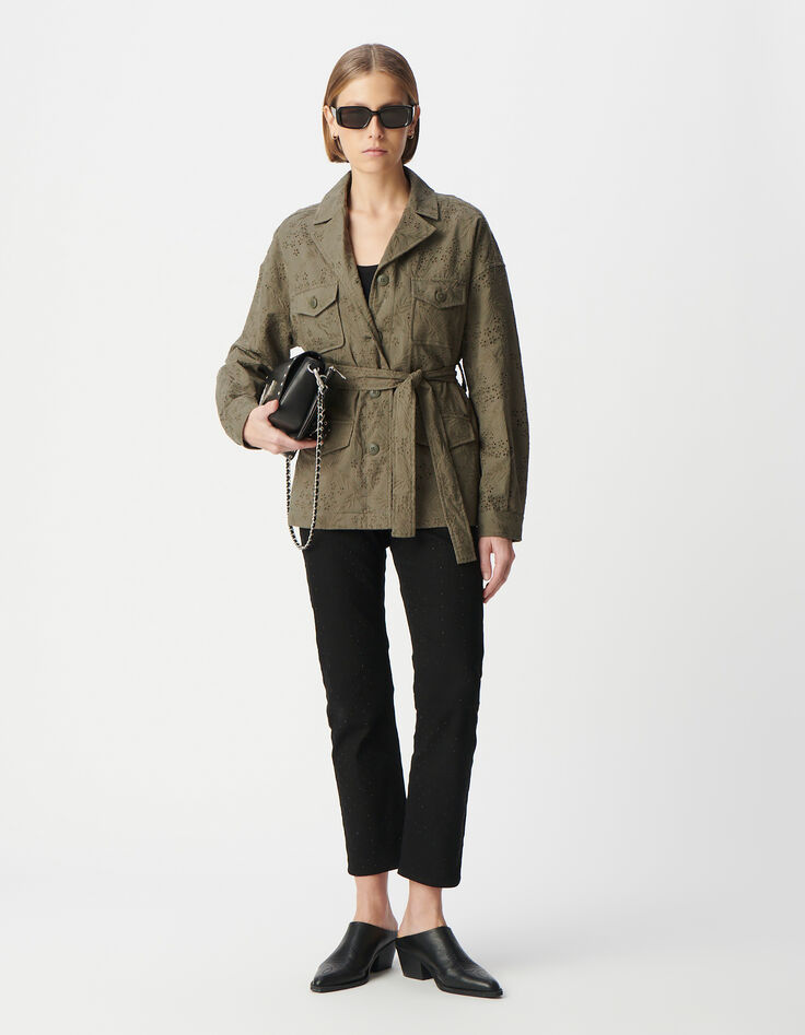 Women's organic cotton khaki safari jacket with broderie anglaise embroidery-1