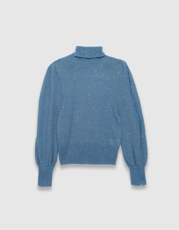 Damen-Rollpulli blau Strick Pailletten Ballon&auml;rmel-6