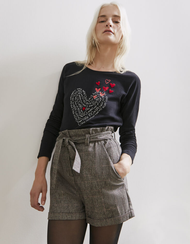 Tee-shirt en coton noir motif message et cœurs femme-2