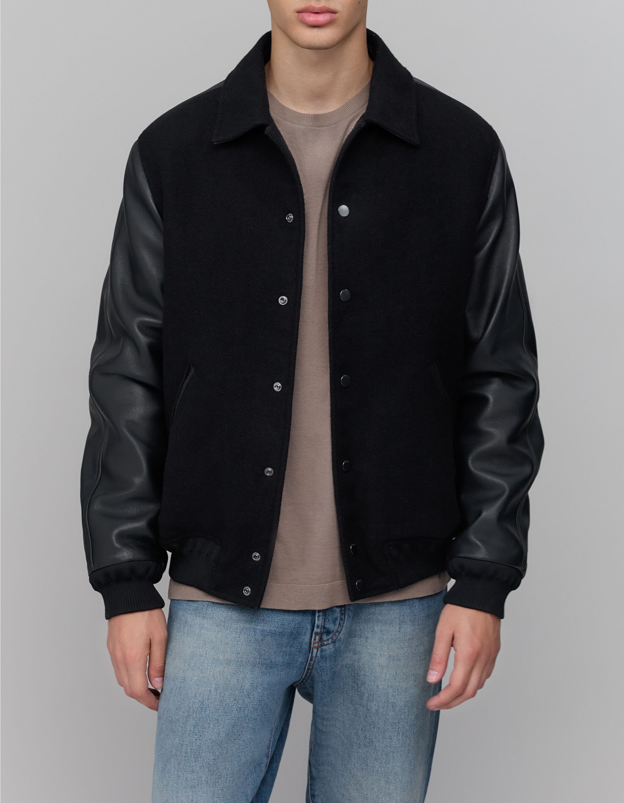 Men's black mixed chrome-free leather varsity jacket