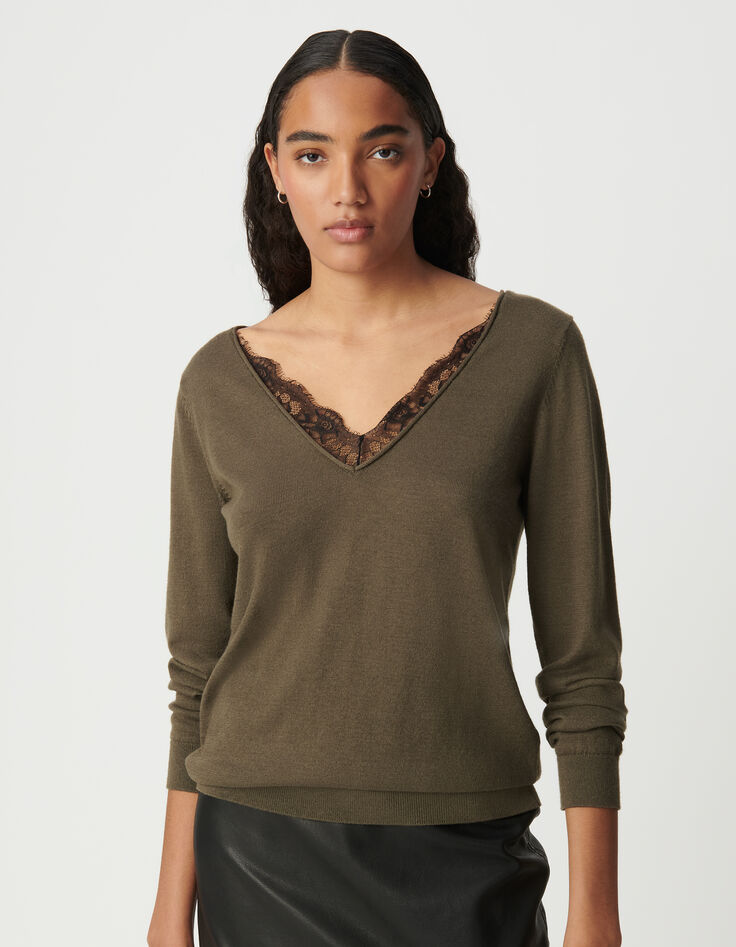 Khaki Damenpulli mit Ausschnitt vorne und Spitze im Rücken-2