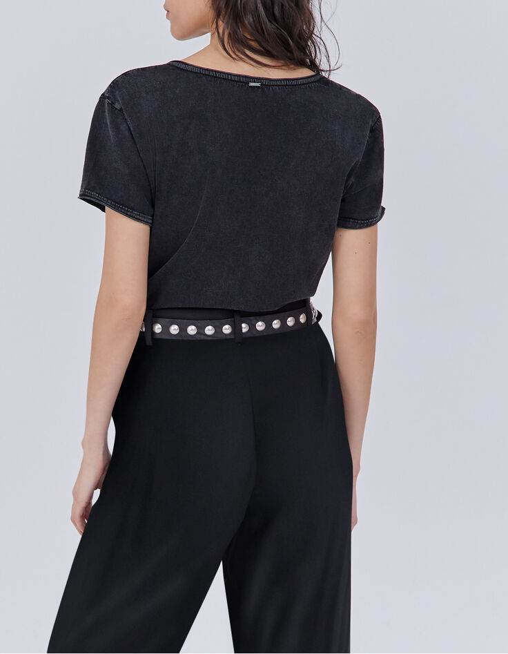 Women’s black T-shirt with Rock slogan and studs-3