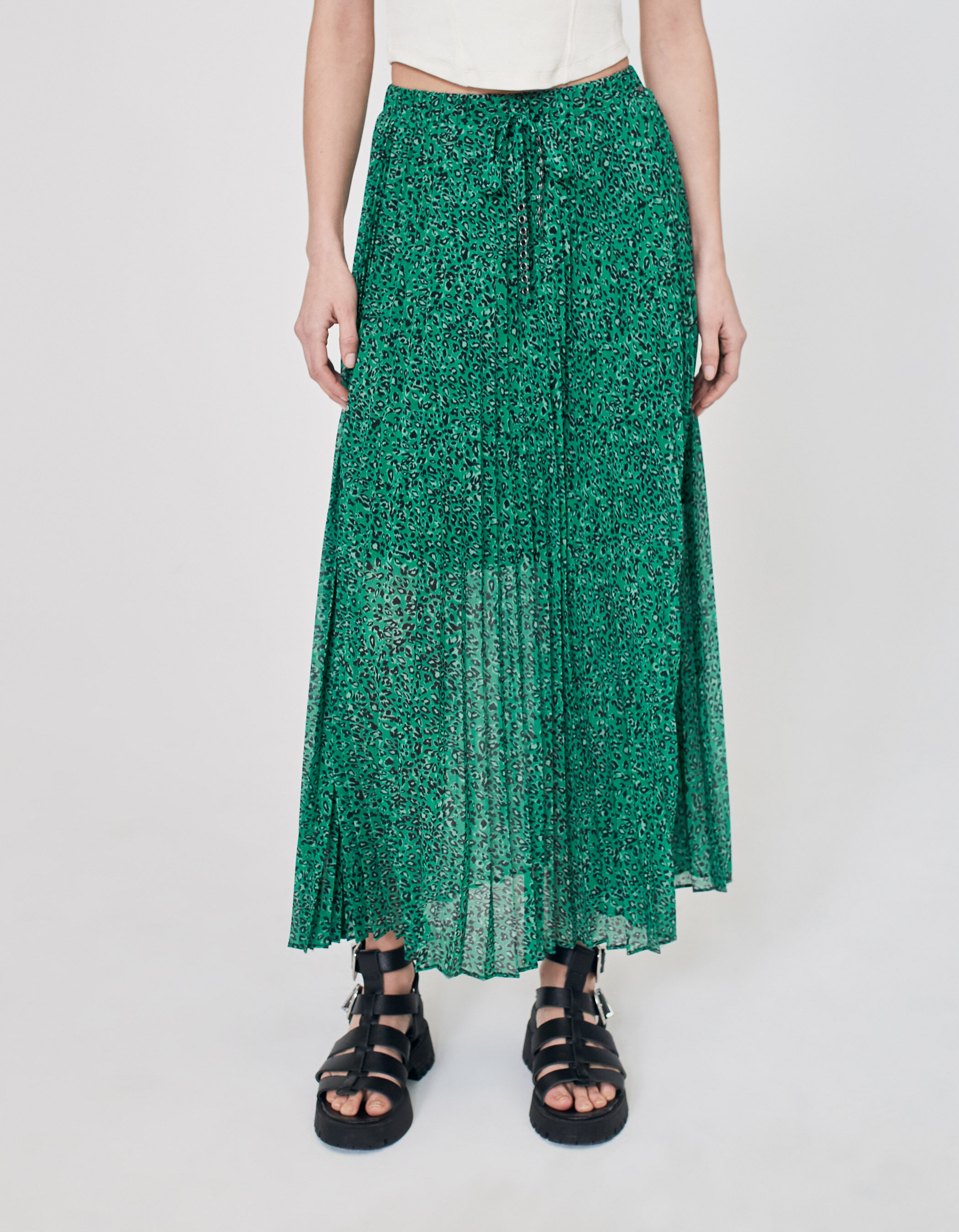 Green leopard print deals pleated midi skirt