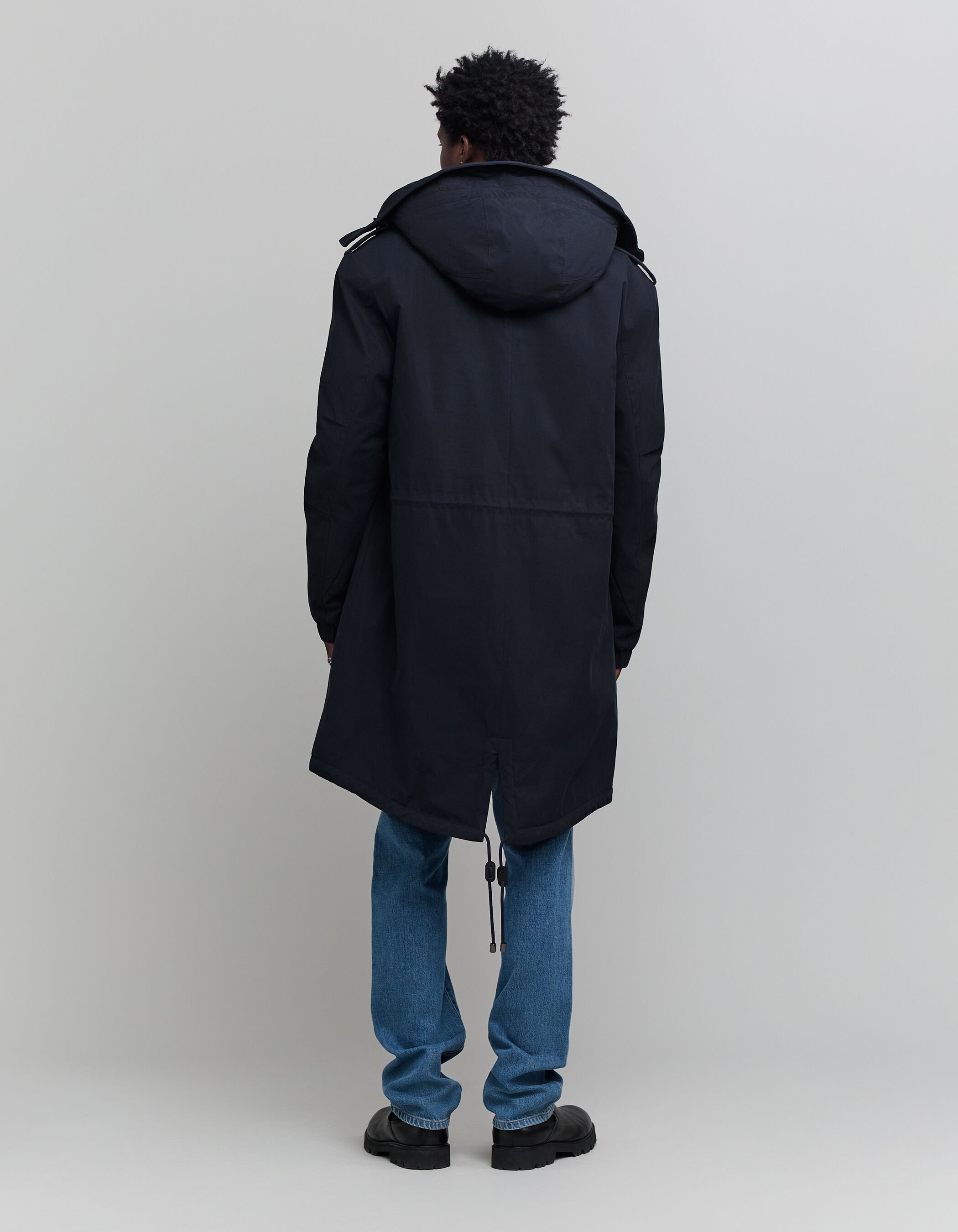 Men's navy blue parka with beige sherpa lining