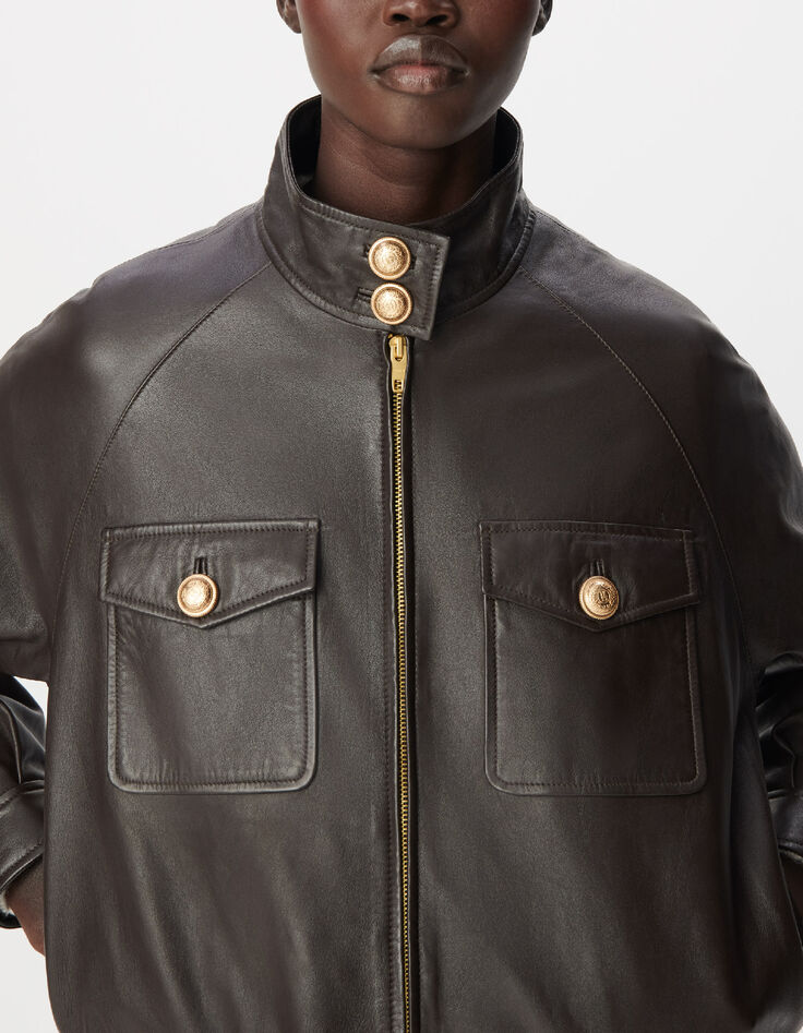 Women's Brown Leather Bomber Jacket-4
