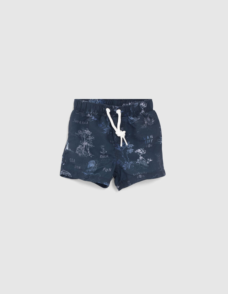 Blaue Badeshorts mit Toile-de-Jouy-Optik für Babyjungen-1
