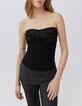 Schwarzer Damenbustier aus Jeansstoff mit Blumenstickerei-1