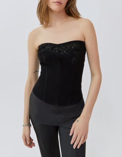 Schwarzer Damenbustier aus Jeansstoff mit Blumenstickerei - IKKS