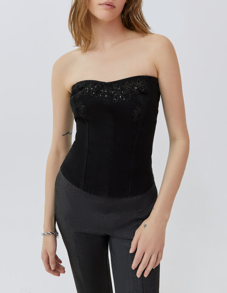 Schwarzer Damenbustier aus Jeansstoff mit Blumenstickerei-1