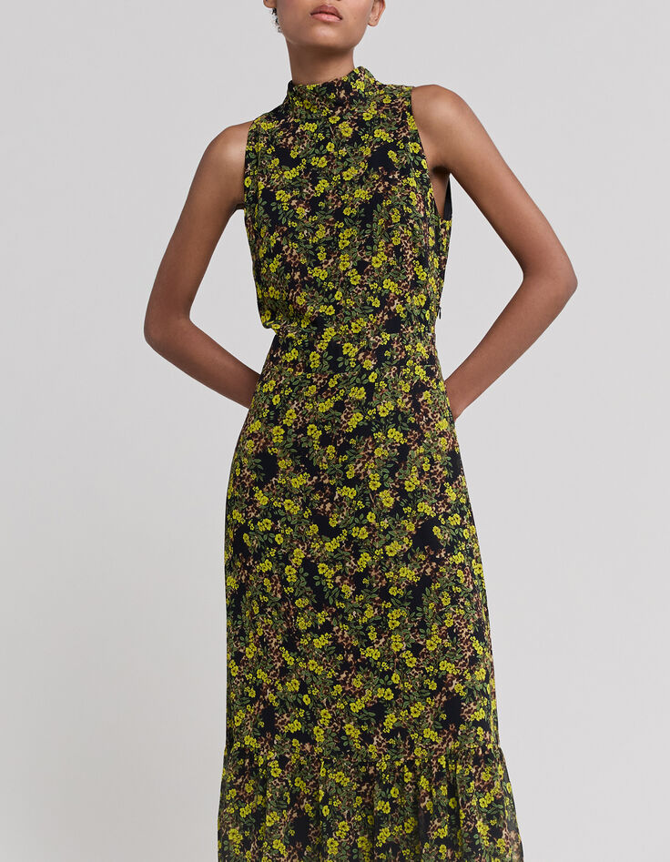 Robe longue noire recycl&eacute;e imprim&eacute; l&eacute;o floral Femme-2