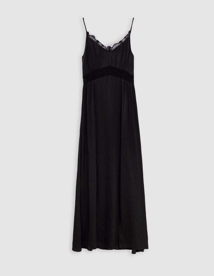 Robe longue noire satinée détails dentelle Femme-5