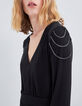Women's short black belted V-neck dress-2