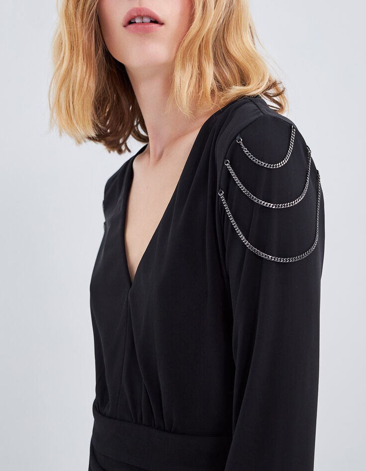 Women's short black belted V-neck dress-2