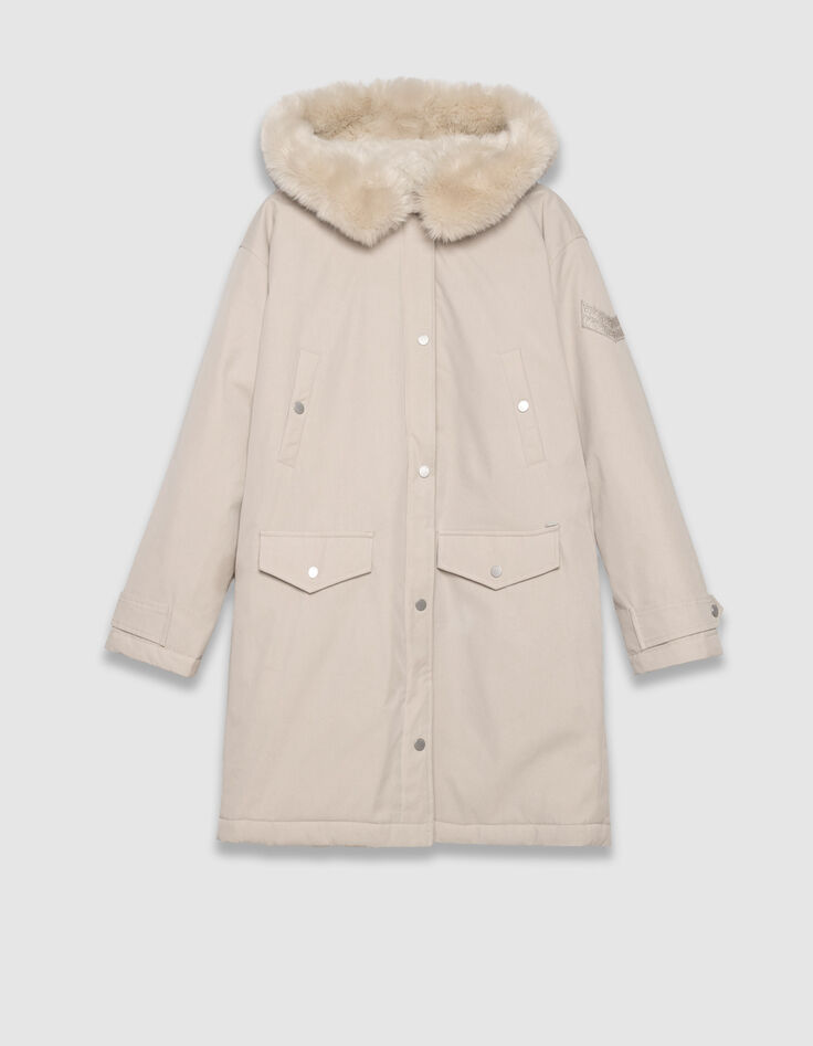 Beiger Oversize-Damenparka, Fellkapuze-8