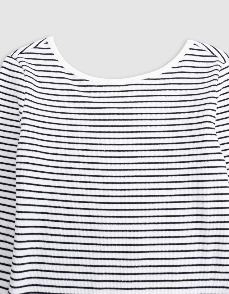 Weißes Mädchen-T-Shirt aus Biobaumwolle, Marinestreifen-4