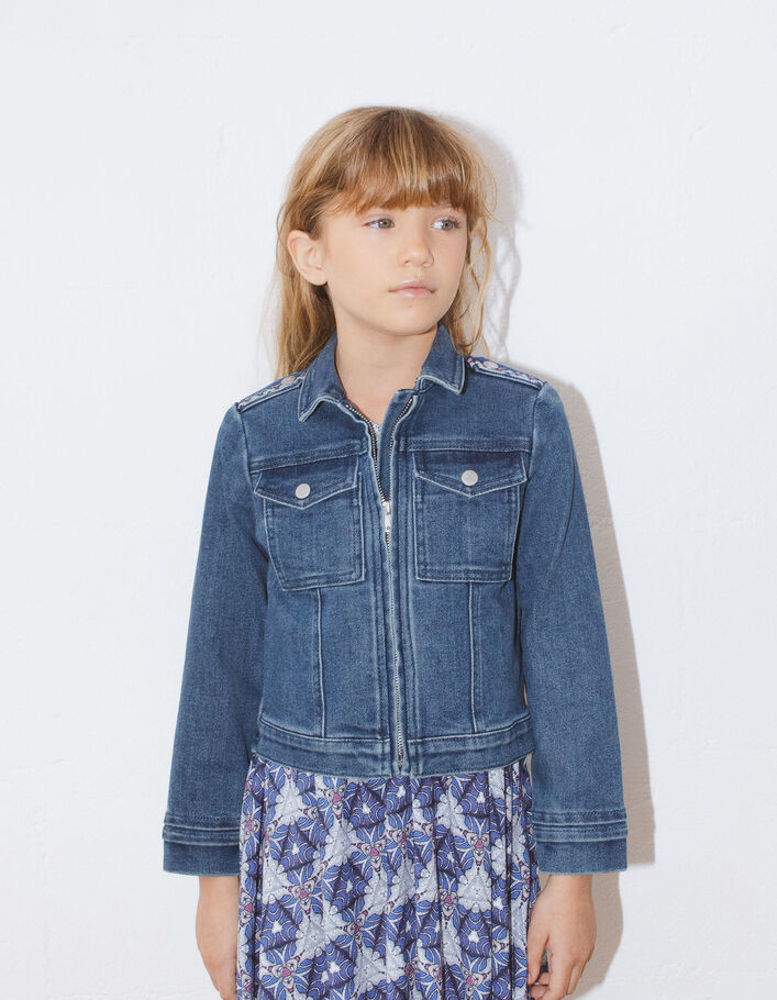 Girls' blue waterless denim jacket, XL embroidery on back - IKKS