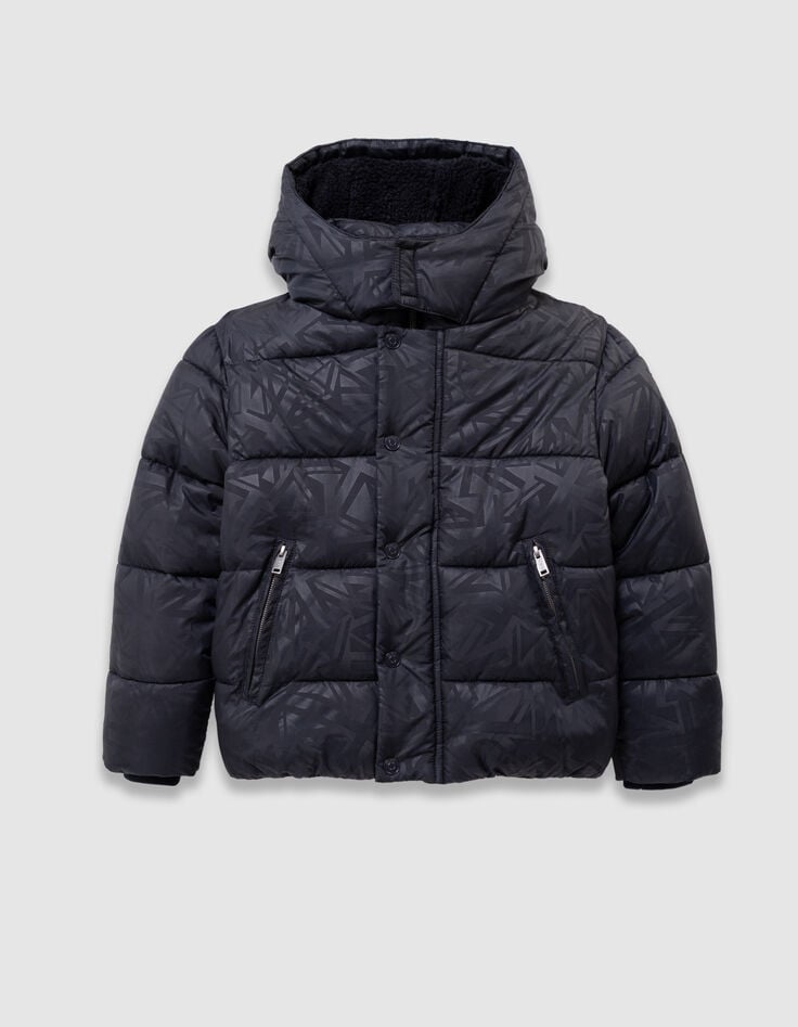Marineblaue Jungensteppjacke Kapuze grafisches Motiv-5 Marineblaue Jungensteppjacke Kapuze grafisches Motiv-5