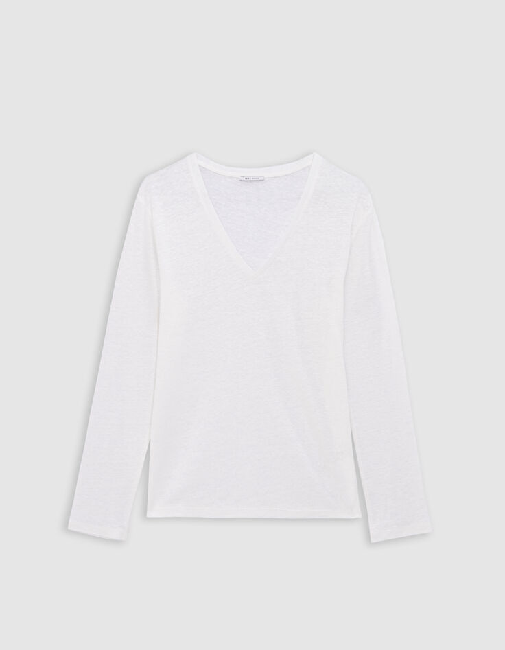 Dames-T-shirt van witte linnenblend met lange mouwen-5
