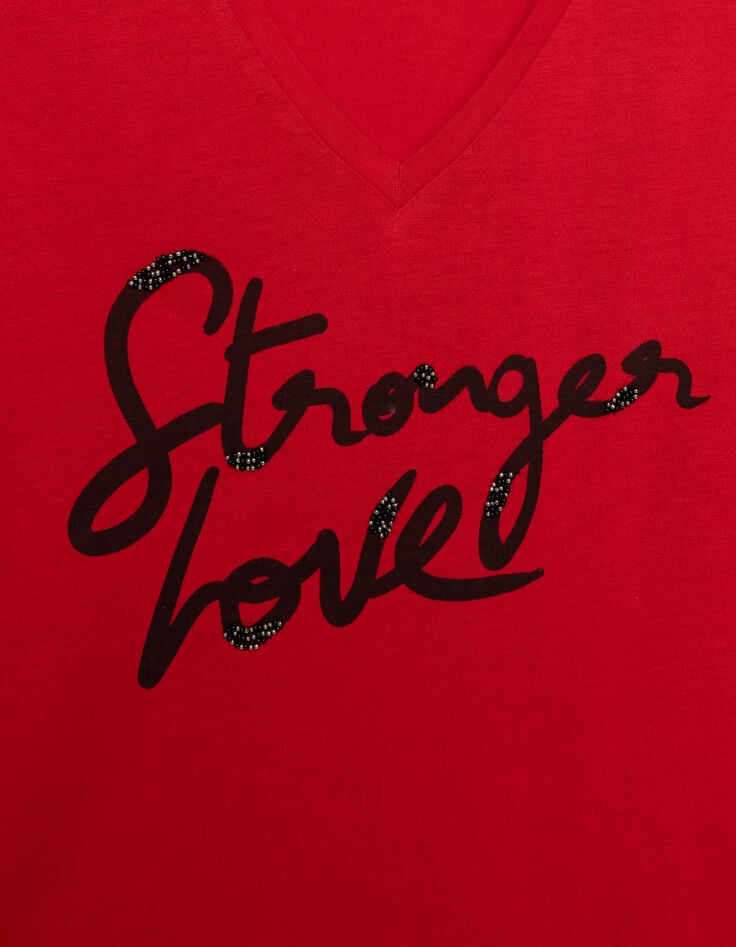 Rood T-shirt korte mouwen geborduurde tekst Dames-6
