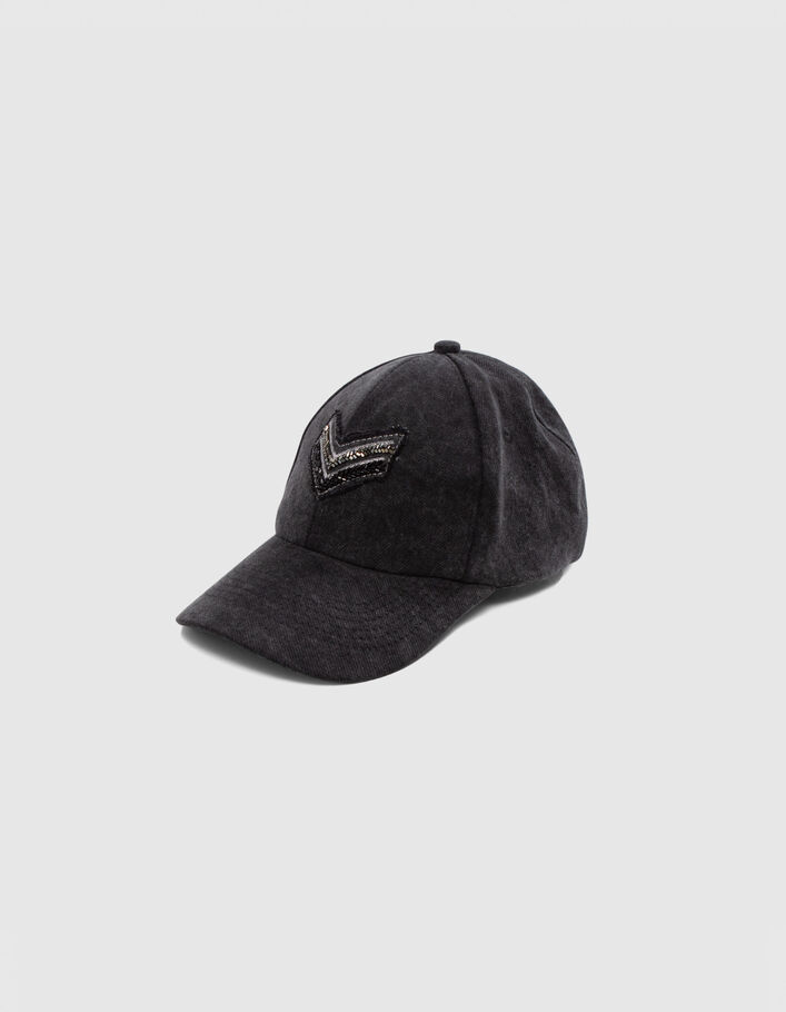 Women’s charcoal denim cap with embroidered chevrons - IKKS