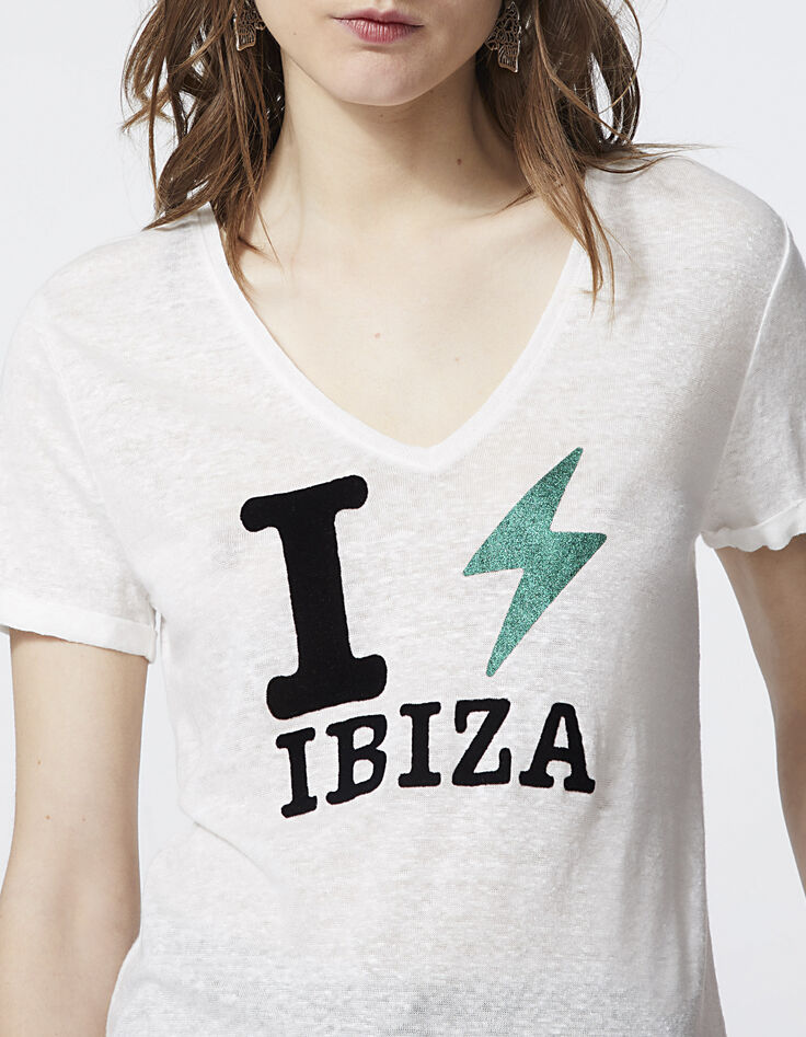 Cremeweißes Damen-T-Shirt mit geflocktem Veloursmotiv-4