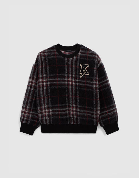 Boy's black recycled sherpa plaid sweatshirt - IKKS