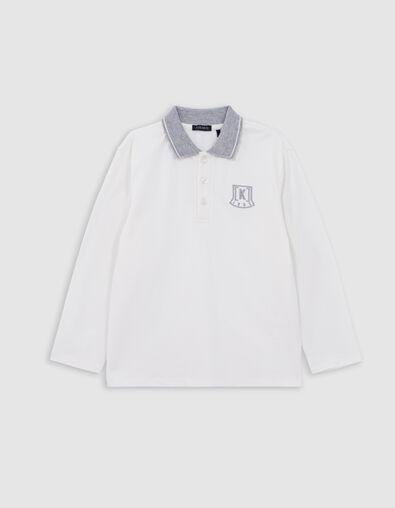 Boy's ecru organic polo shirt, grey collar and embroidery - IKKS