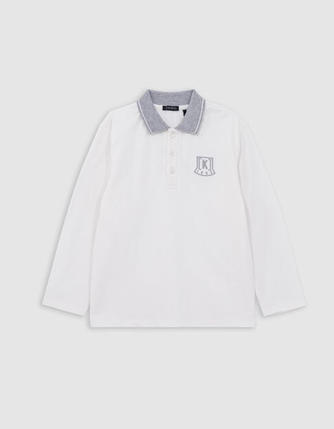 Boy's ecru organic polo shirt, grey collar and embroidery - IKKS