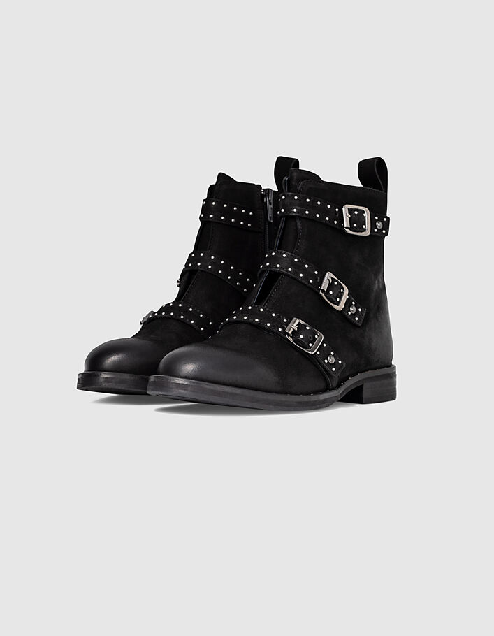 Girls’ black buckle and studs leather combat boots - IKKS