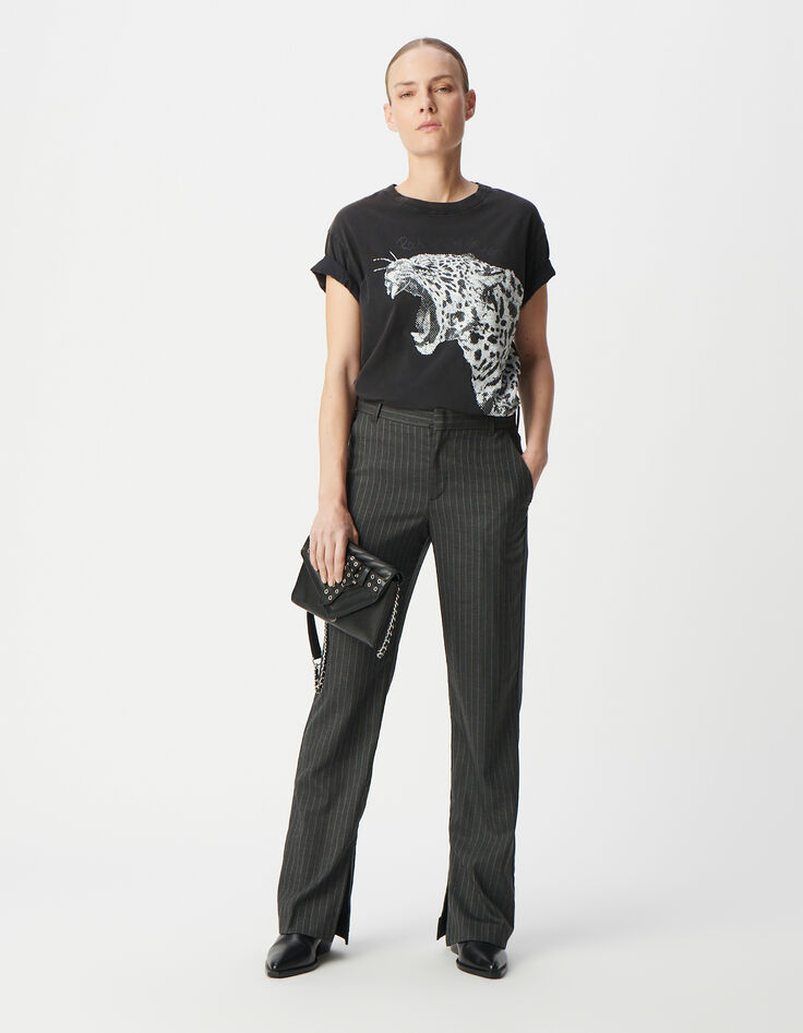 Tee-shirt gris coton bio visuel léopard  et message Femme-1