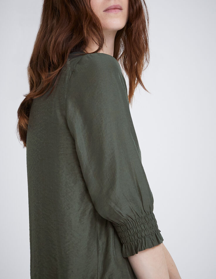 Women’s khaki upcycled satin dress with drawstring waist-5